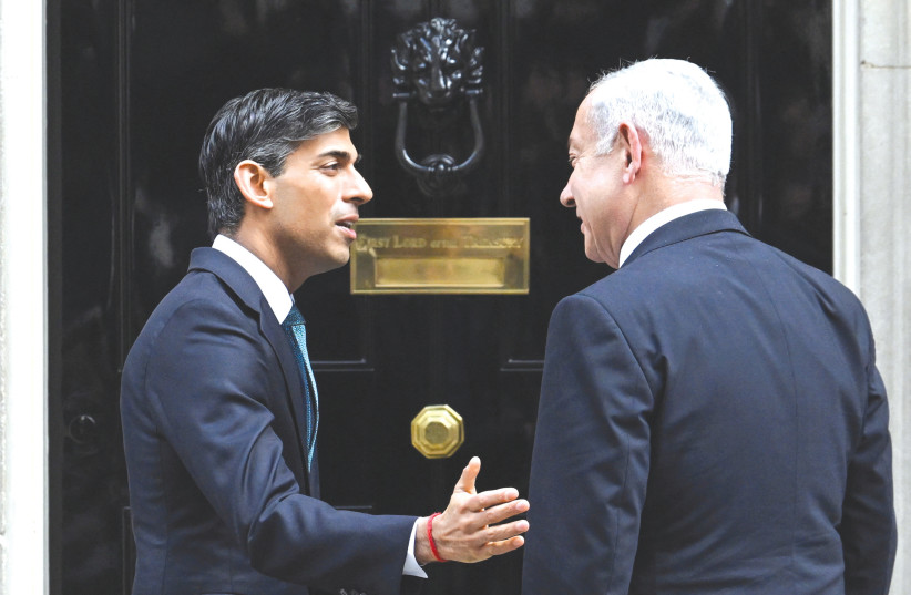  BRITISH PRIME Minister Rishi Sunak welcomes Prime Minister Benjamin Netanyahu at Downing Street on Friday. (photo credit: TOBY MELVILLE/REUTERS)