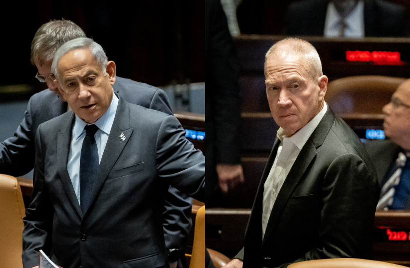  Israeli Prime Minister Benjamin Netanyahu and Defense Minister Yoav Gallant are both seen in the Knesset in Jerusalem. (photo credit: YONATAN SINDEL/FLASH90)