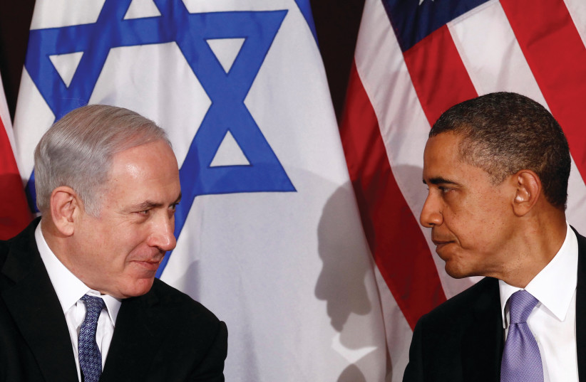  PRIME MINISTER Benjamin Netanyahu meets with then-US president Barack Obama at the UN, in 2011.  (photo credit: KEVIN LAMARQUE/REUTERS)