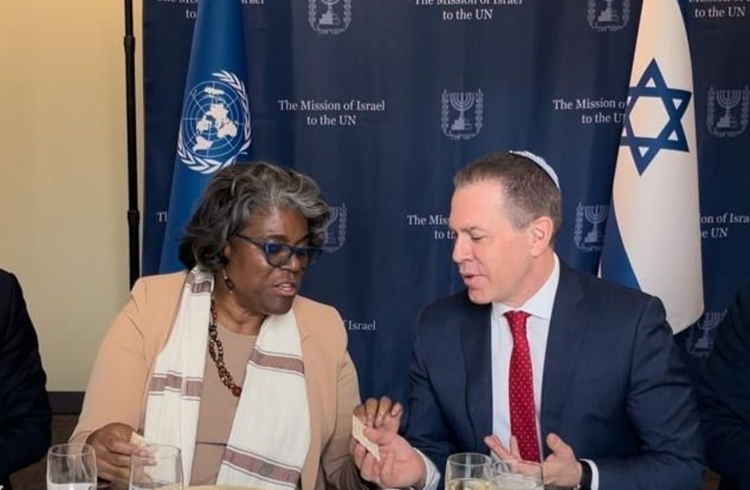  The United States Ambassador to the UN Linda Thomas-Greenfield and Israel's Ambassador to the UN Gilad Erdan at a mock Passover Seder hosted by Erdan at UN headquarters on March 28, 2023. (photo credit: UNITED NATIONS)