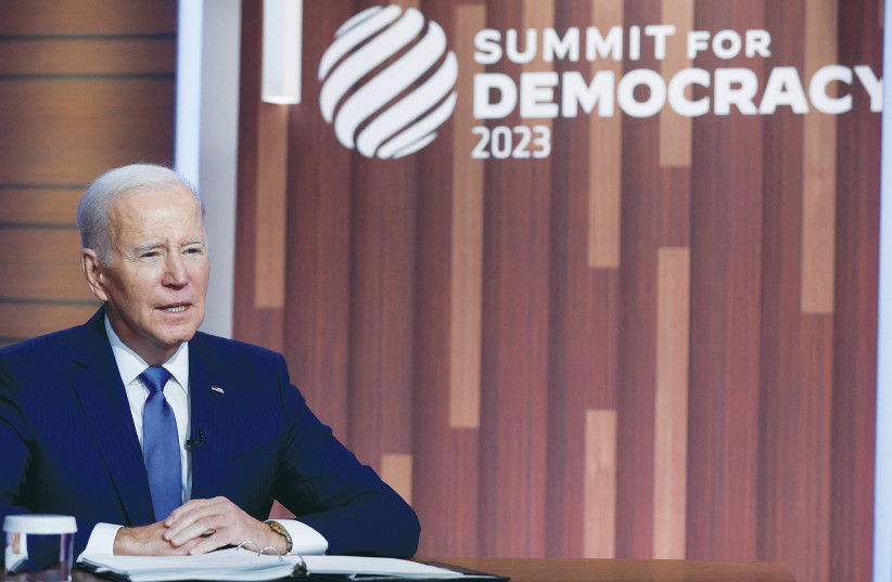  US PRESIDENT Joe Biden speaks at the virtual Summit for Democracy, which he hosted from the White House, on Wednesday. Biden is braying about judicial reform to force Prime Minister Benjamin Netanyahu into submission regarding Iran, the writer argues (photo credit: JONATHAN ERNST/REUTERS)