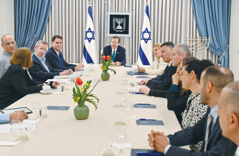  PRESIDENT ISAAC Herzog meets with members of the government coalition and the opposition on establishing a dialogue to bridge the gaps over the legal reforms, at the President’s Residence, in Jerusalem, on Tuesday (photo credit: KOBI GIDEON/GPO)