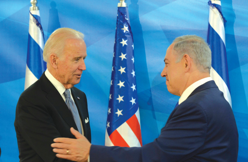  PRIME MINISTER Benjamin Netanyahu meets then-US vice-president Joe Biden at the Prime Minister’s Office in Jerusalem, in 2016. Netanyahu does not care that President Biden is displeased, says the writer.  (photo credit: AMOS BEN GERSHOM/GPO)