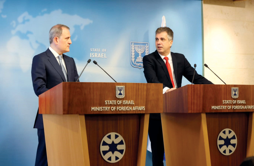  Israeli Foreign Minister Eli Cohen and his Azerbaijani counterpart. (photo credit: MIRI SHIMONOVICH/FOREIGN MINISTRY)