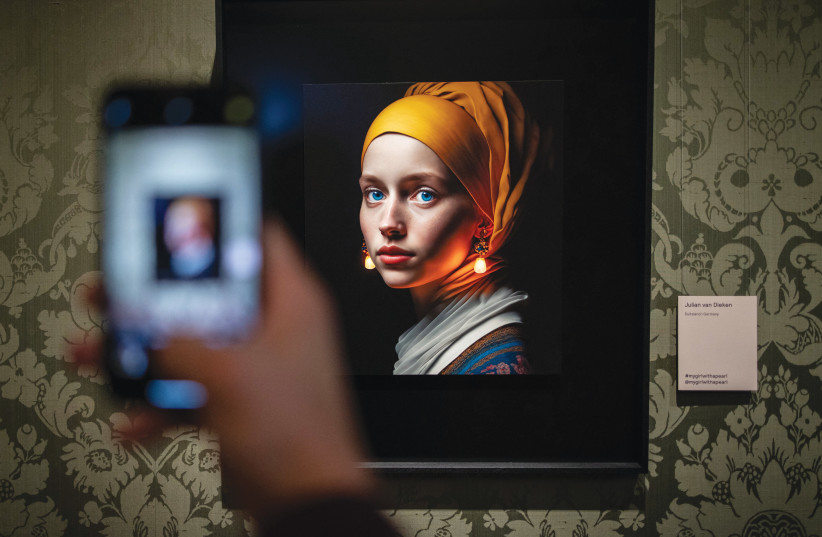  AI-DESIGNED IMAGE created bydigital creator Julian van Dieken, based on Vermeer’s painting ‘Girl with a Pearl Earring,’ at the Mauritshuis museum in The Hague. (photo credit: Simon Wohlfahrt/AFP via Getty Images)