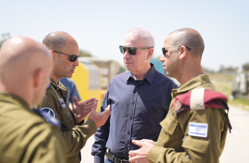  Defense Minister Yoav Gallant seen during a situational assessment at a southern Israel Iron Dome battery on April 5, 2023 (credit: ELAD MALKA/DEFENSE MINISTRY)