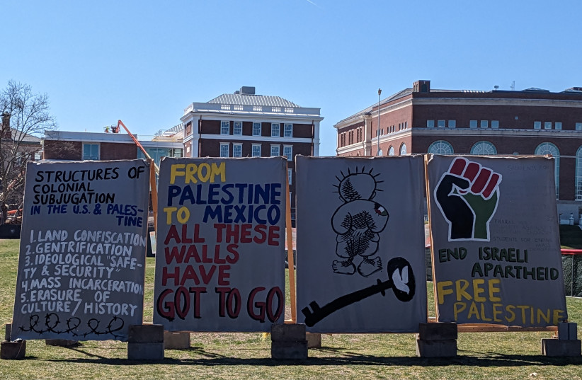  Photo taken of the Israel Apartheid billboard outside of the Usdan University Center on the Wesleyan University campus. (photo credit: ASHER MOSS)