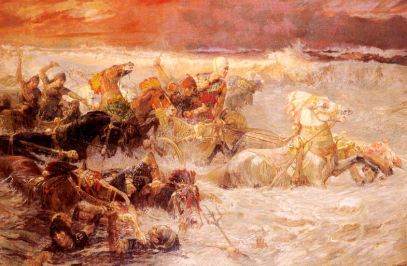 "Pharaoh's army engulfed by the Red Sea," oil on canvas, by Frederick Arthur Bridgman (1900). (photo credit: Frederick Arthur Bridgman/Wikimedia Commons)