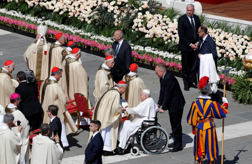  Pope Francis greats cardinals following the Easter Sunday mass at St. Peter's Square at the Vatican (credit: REUTERS)