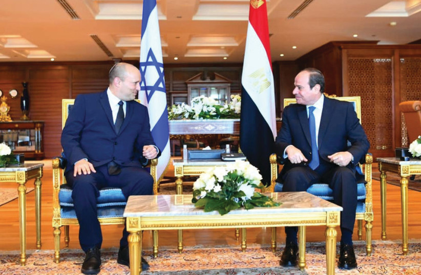  THEN-PRIME Minister Naftali Bennett meets with Egypt’s President Abdel Fattah al-Sisi, in Sharm e-Sheikh, in 2021. Unlike the Egyptians of old, today’s leaders welcome those who look and act differently, says the writer. (photo credit: Egyptian Presidency/Reuters)