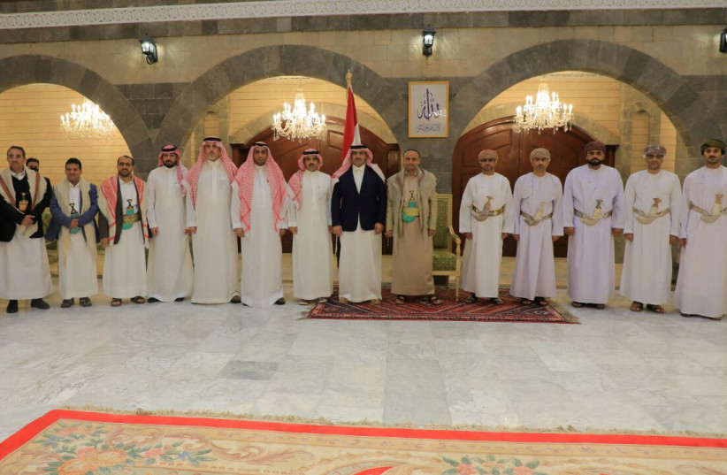  The head of the Houthi Supreme Political Council, Mahdi al-Mashat, meets with Saudi and Omani delegations at the Republican Palace in Sanaa, Yemen April 9, 2023. (credit: Saba News Agency /Handout via REUTERS)