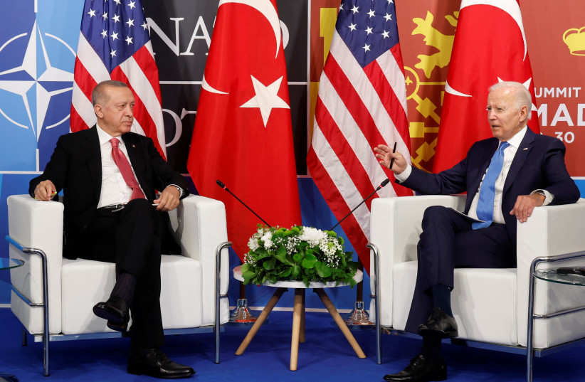 US President Joe Biden meets with Turkish President Recep Tayyip Erdogan during the NATO summit in Madrid, Spain June 29, 2022 (photo credit: JONATHAN ERNST/REUTERS)