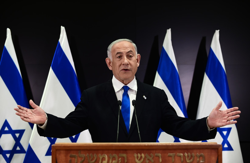  Israeli Prime Minister Benjamin Netanyahu holds a press conference at the Ministry of Defense in Tel Aviv on April 10, 2023.  (photo credit: TOMER NEUBERG/FLASH90)