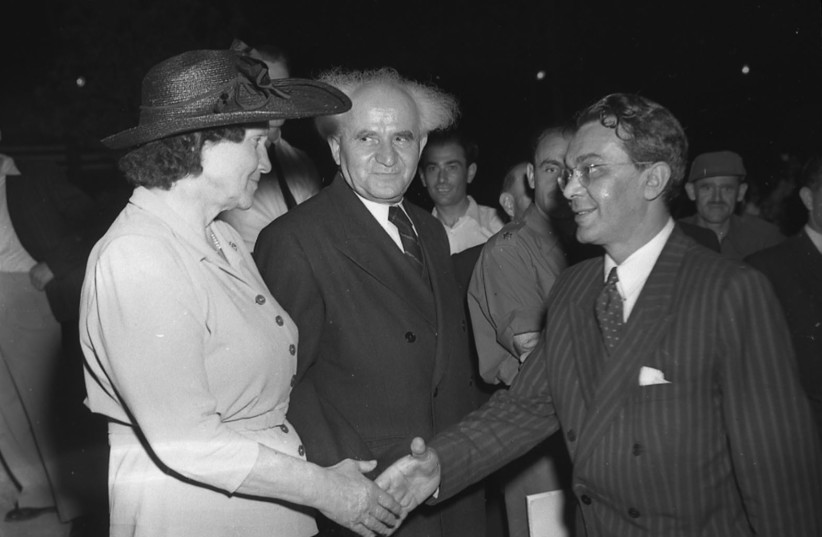   PRIME MINISTER David Ben-Gurion and his wife Paula welcome guests at a reception for Independence Day in 1949.  (photo credit: Yaakov Sa’ar/GPO)
