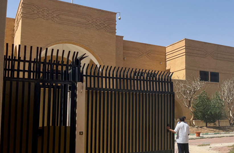  People stand outside the Iranian embassy in Riyadh, Saudi Arabia, April 12, 2023 (photo credit: REUTERS/AZIZ EL YAAKOUBI)