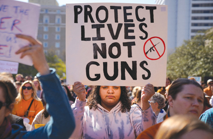  PROTESTERS GATHER outside the Tennessee State Capitol to call for an end to gun violence and stronger gun laws, after a deadly shooting at the Covenant School in Nashville, last month.  (credit: CHENEY ORR/REUTERS)