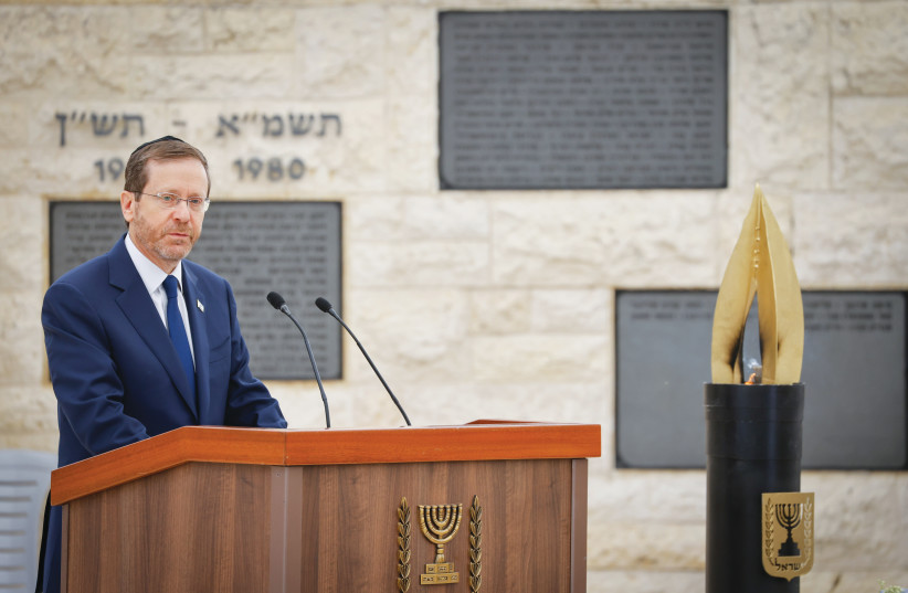  OUR ‘KEDOSHIM’ deserve respect from everyone on Yom Hazikaron: President Isaac Herzog speaks during a state memorial ceremony on Mount Herzl, May 2022.  (photo credit: OLIVIER FITOUSSI/FLASH90)