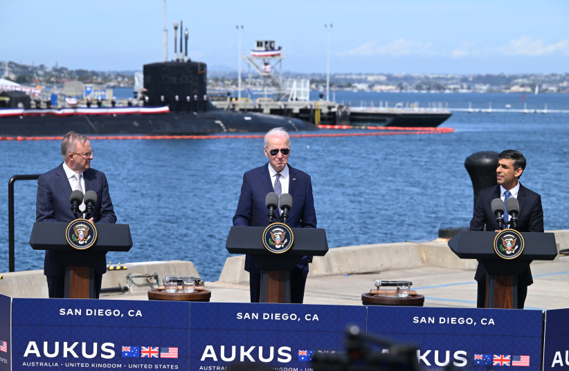  (FROM L) Australian Prime Minister Anthony Albanese, US President Joe Biden and British Prime Minister Rishi Sunak hold a press conference during the AUKUS summit in San Diego, California, March 13.  (photo credit: Leon Neal/Getty Images)