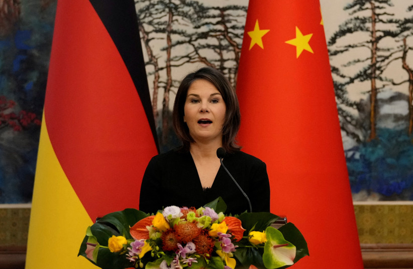 German Foreign Minister Annalena Baerbock speaks during a joint press conference with Chinese Foreign Minister Qin Gang (not pictured) at the Diaoyutai State Guesthouse in Beijing, China, April 14, 2023 (photo credit: SUO TAKEKUMA/POOL VIA REUTERS)
