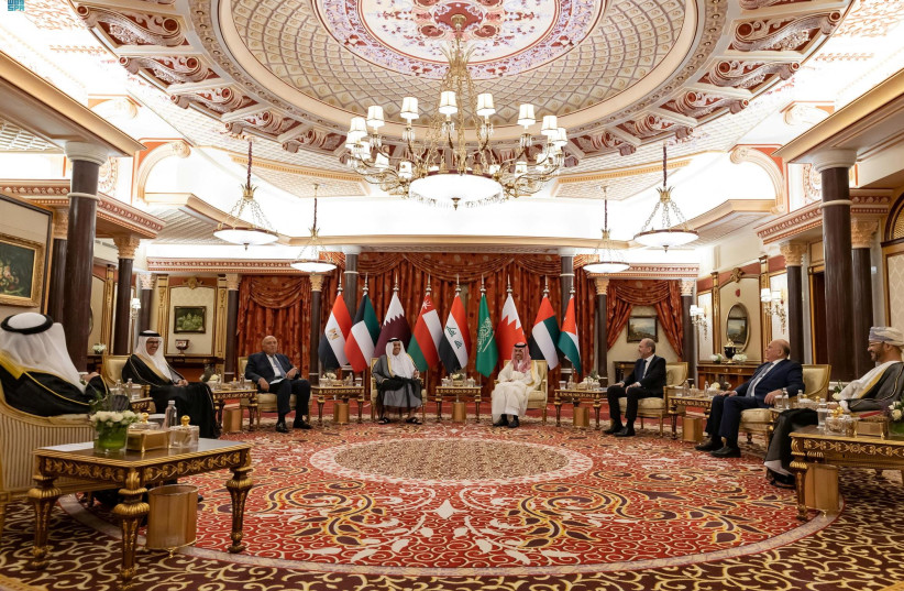  Saudi Arabia hosts a meeting of foreign ministers from Iraq, Jordan, Egypt and the Gulf Cooperation Council (GCC) countries to discuss Syria's return to the Arab League in Jeddah, Saudi Arabia, April 14, 2023. (credit: SAUDI PRESS AGENCY/HANDOUT VIA REUTERS)