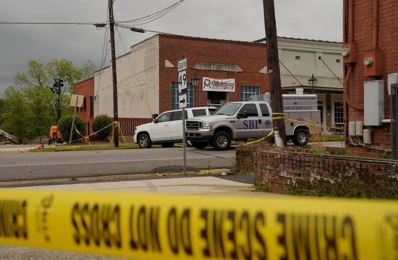  A view of the crime scene a day after a shooting at a teenager's birthday party in a dance studio, in Dadeville, Alabama, U.S., April 16, 2023 (photo credit: REUTERS/Cheney Orr)
