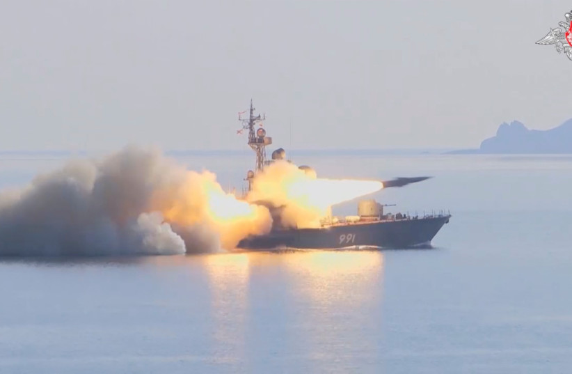  A still image from video, released by Russia's Defence Ministry, shows what it said to be a missile ship of Russia's Pacific Fleet firing a Moskit cruise missile at a mock enemy sea target in the waters of the Sea of Japan, in this still image taken from video released March 28, 2023. (photo credit: RUSSIAN DEFENSE MINISTRY/HANDOUT VIA REUTERS)