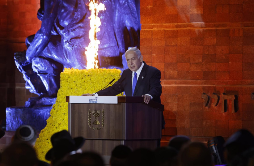  Prime Minister Benjamin Netanyahu speaks at the Holocaust Remembrance Day ceremony at Yad Vashem, April 17, 2023. (photo credit: MARC ISRAEL SELLEM/THE JERUSALEM POST)