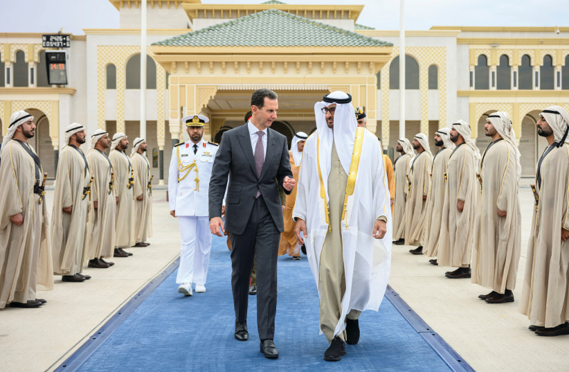  UAE PRESIDENT Sheikh Mohamed bin Zayed Al Nahyan bids farewell to Syrian counterpart Bashar Assad, at the Presidential Airport in Abu Dhabi, last month (photo credit: Abdulla Al Neyadi/UAE Presidential Court/Handout via REUTERS)