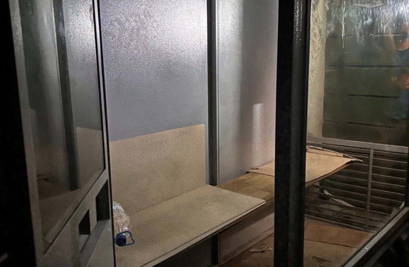 A view shows a glass and metal cage in the basement of a publishing house where, according to local people, a Russian military commandant, known to locals by his call sign ''Granit,'' set up his headquarters, in Balakliia, eastern Ukraine, October 1, 2022. An employee of the publishing house said som