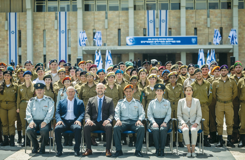  SPEAKER AMIR OHANA poses with outstanding soldiers in front of the Knesset building this week, ahead of Independence Day. How many Holocaust survivors still with us thought they would live to see this day? (photo credit: YONATAN SINDEL/FLASH90)