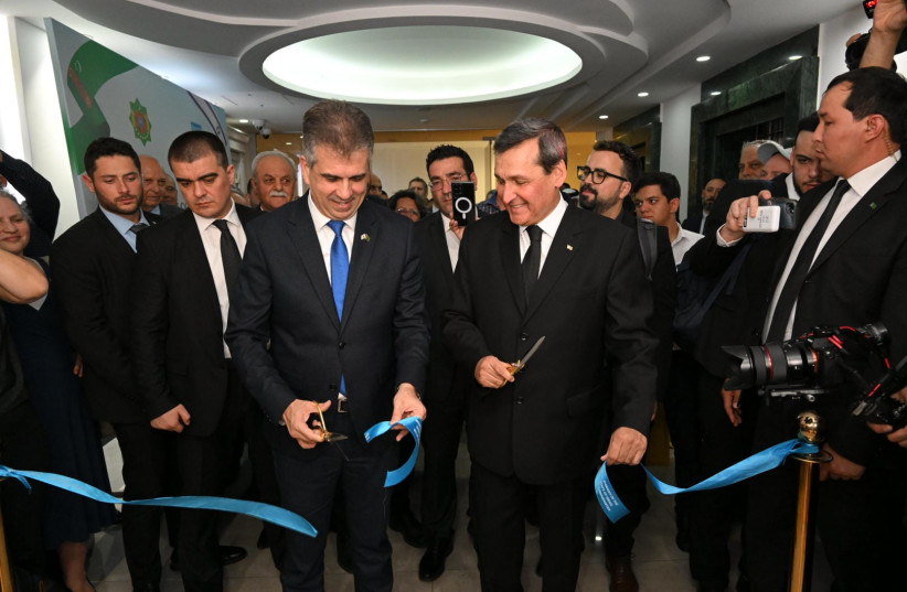  Foreign Minister Eli Cohen inaugurates Israel's new embassy in Turkmenistan, located only 17 km. from the Iranian border, on April 20, 2023 (photo credit: YOSSI FUNES/FOREIGN MINISTRY)