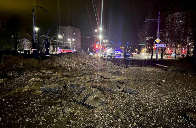  A view shows the accident scene following a large blast in a street in the city of Belgorod, Russia, April 20, 2023.  (photo credit: Mayor of Belgorod City Valentin Demidov via Telegram/Handout via REUTERS)