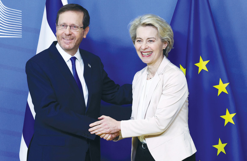  PRESIDENT ISAAC Herzog meets with European Commission President Ursula von der Leyen in Brussels, in January. The European Union is Israel’s first trade partner. (photo credit: YVES HERMAN/REUTERS)