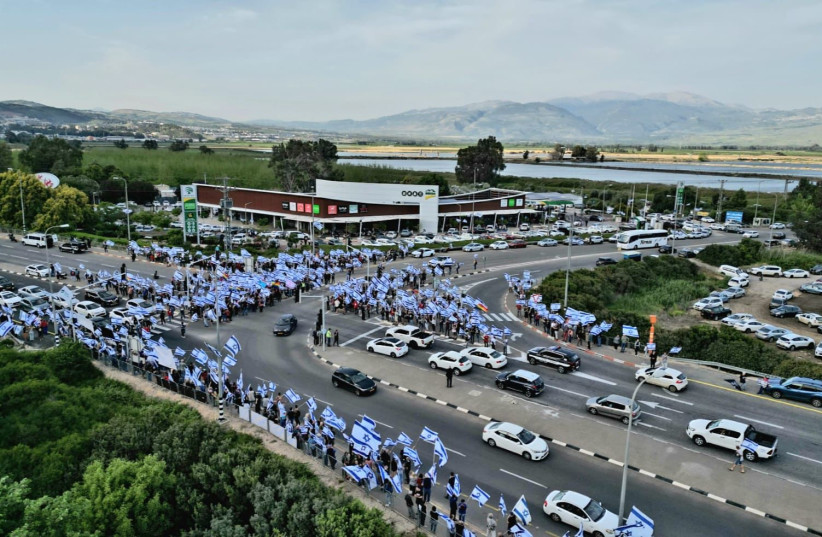 Judicial reform protesters at Gome Junction in Israel's North, on April 22, 2023 (credit: AMIR SHOSHANI)