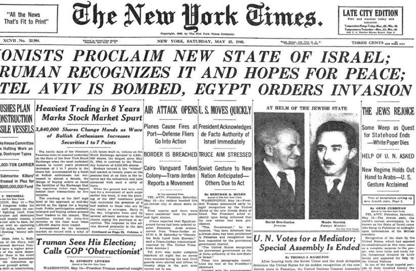  THE FRONT page of the ‘NYT’ on May 15, 1948. (photo credit: THE NEW YORK TIMES)