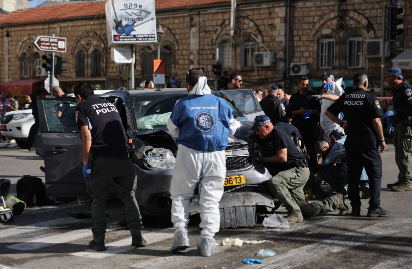  The scene of a car ramming terrorist attack next to the Mahane Yehuda market in Jerusalem, Israel, on April 24, 2023. (credit: YONATAN SINDEL/FLASH90)