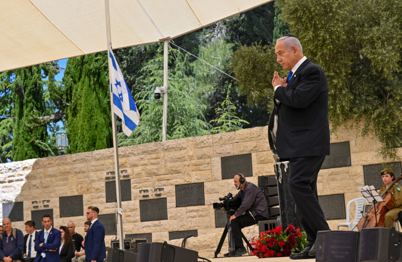  Prime Minister Benjamin Netanyahu during a Remembrance Day Ceremony on Mount Herzl, April 25, 2023 (photo credit: KOBI GIDEON/PMO)