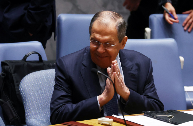  Russian Foreign Minister Sergei Lavrov chairs a meeting of the United Nations Security Council on "The Middle East, including the Palestinian question" at UN, headquarters in New York City, US, April 25, 2023. (photo credit: Mike Segar/Reuters)