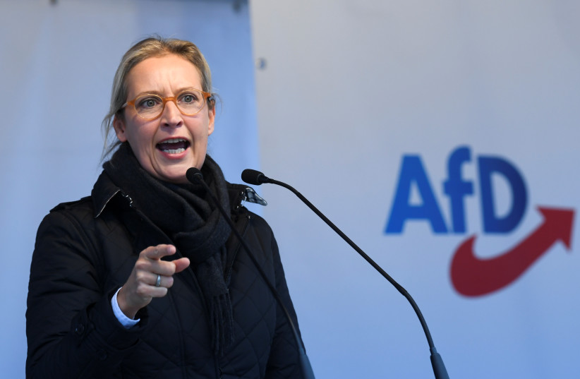  Right wing Alternative for Germany (AfD) top candidate for the upcoming general election, Alice Weidel, speaks during a campaign in Berlin, Germany, September 24, 2021. (photo credit: REUTERS/ANNEGRET HILSE)