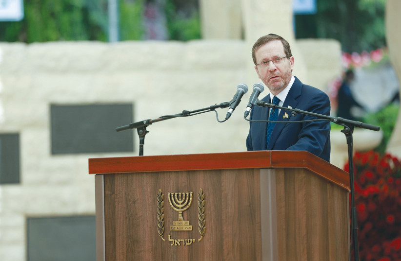  PRESIDENT ISAAC Herzog addresses a state ceremony for victims of terror, at Mount Herzl Military Cemetery in Jerusalem, on Tuesday. One must welcome Herzog’s new initiative, Voice of the People, says the writer.  (photo credit: ERIK MARMOR/FLASH90)