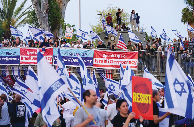  A PROTEST outside the Jewish Federations of North America summit that took place this week in Tel Aviv.  (photo credit: TOMER NEUBERG/FLASH90)