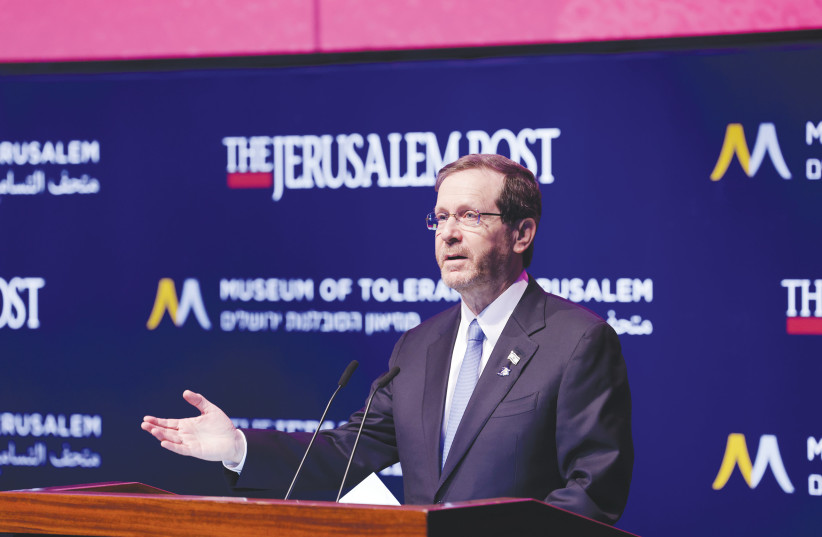  PRESIDENT ISAAC HERZOG addresses the ‘Jerusalem Post’ conference at the Museum of Tolerance Jerusalem, last week. Herzog says he is worried whether the state will reach 80 years. (photo credit: Marc Israel Sellem/Jerusalem Post)