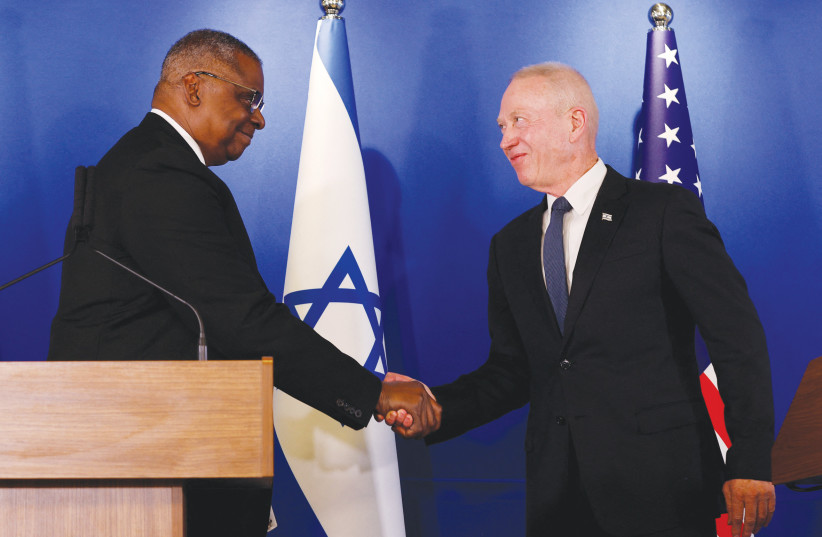  DEFENSE MINISTER Yoav Gallant meets with US Defense Secretary Lloyd Austin at Ben-Gurion Airport, in March.   (photo credit: AMIR COHEN/REUTERS)