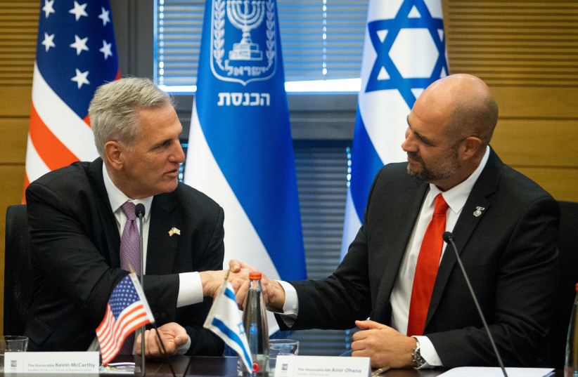  U.S. House Speaker Kevin McCarthy meets with Knesset Speaker Amir Ohana during a visit at the Knesset, Israel's Parliament in Jerusalem, April 30, 2023 (photo credit: OREN BEN HAKOON/POOL)