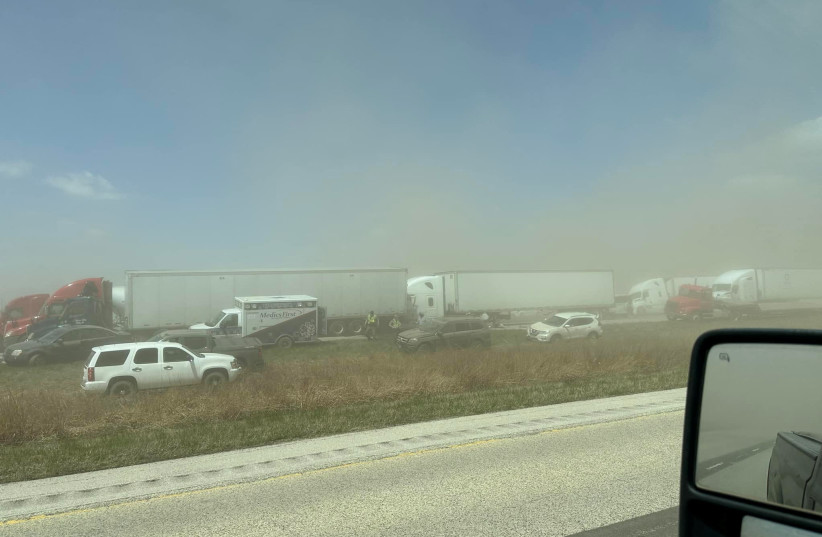  A view of vehicles in a dust storm, which cut visibility to near zero and triggered a series of chain-reaction crashes involving dozens of vehicles, on a highway in Springfield, Illinois, U.S. May 1, 2023 in this picture obtained from social media.  (credit: Thomas DeVore via TMX/via REUTERS)