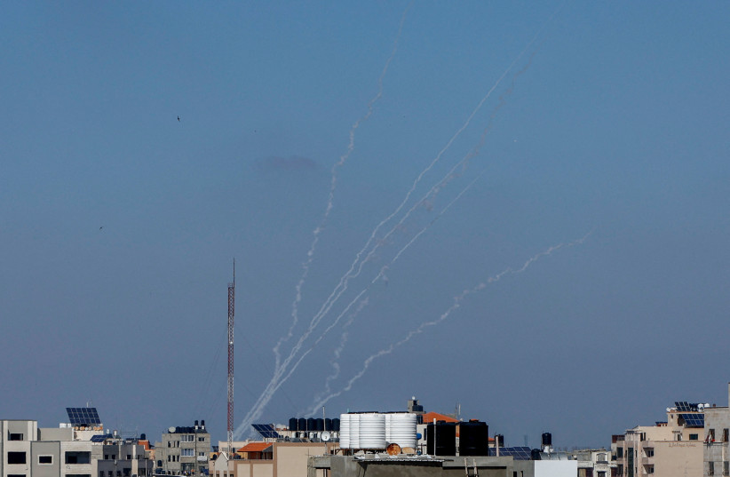  Rockets are fired from Gaza into Israel, in Gaza May 2, 2023. (credit: MOHAMMED SALEM/REUTERS)
