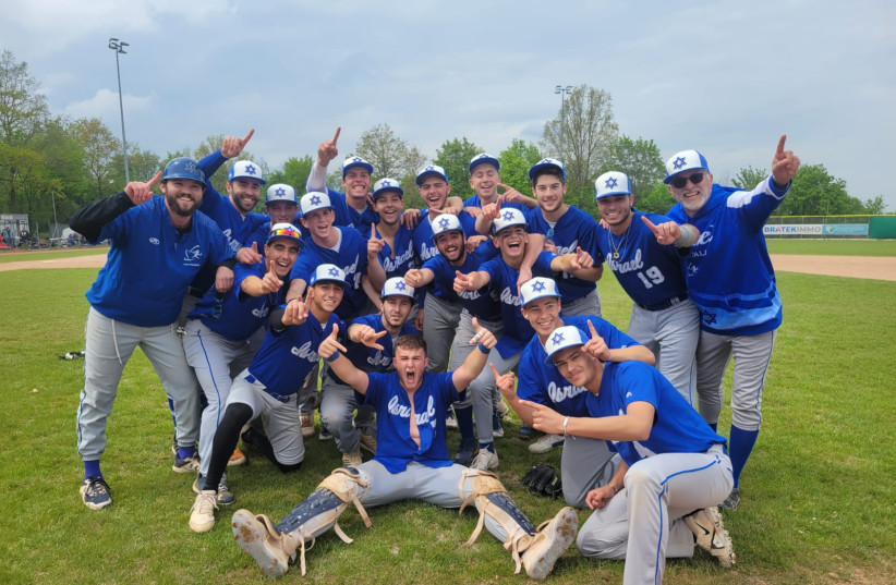  TEAM ISRAEL celebrates on the field after their PONY League Under-18 European Championship title in Germany this week. (photo credit: ISRAEL ASSOCIATION OF BASEBALL)