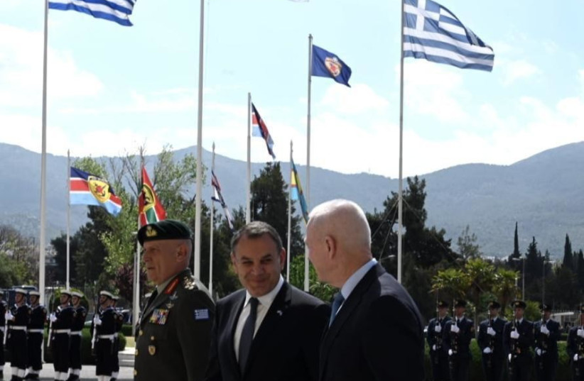 Defense Minister Yoav Gallant meets with Greek defense officials, May 2023 (photo credit: ARIEL HERMONI/DEFENSE MINISTRY)