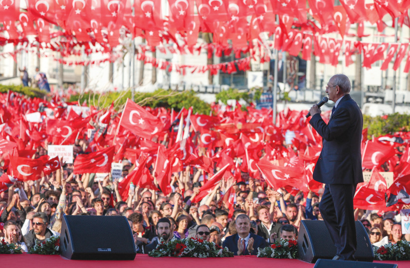  KEMAL KILICDAROGLU, presidential candidate of Turkey’s main opposition alliance, addresses his supporters during a rally ahead of the May 14 presidential and parliamentary elections, in Izmir, last week.  (credit: Alp Eren Kaya/Republican People’s Party/Reuters)