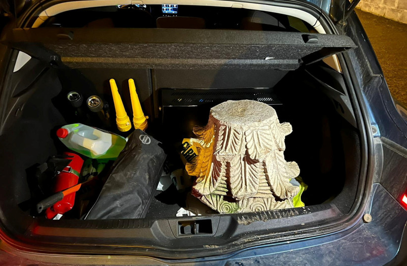 A view of a stolen artefact that was recovered during a crackdown on international art trafficking, in the trunk of a vehicle at an unknown location, in Spain, in this undated handout picture obtained by Reuters on May 4, 2023. (credit: Courtesy of Europol/Handout via REUTERS )